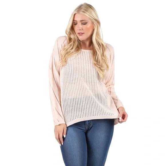 Blush Open Crochet Knit Slouchy Sweater Top - Picture 2 of 4